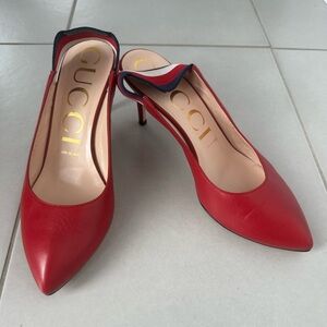 Red leather stripe slingback pumps